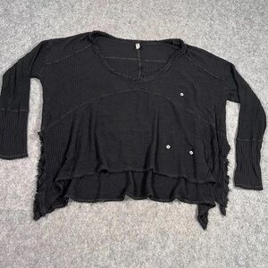 Vintage Black Fringed Frayed Thermal Long Sleeve Top Women's Large